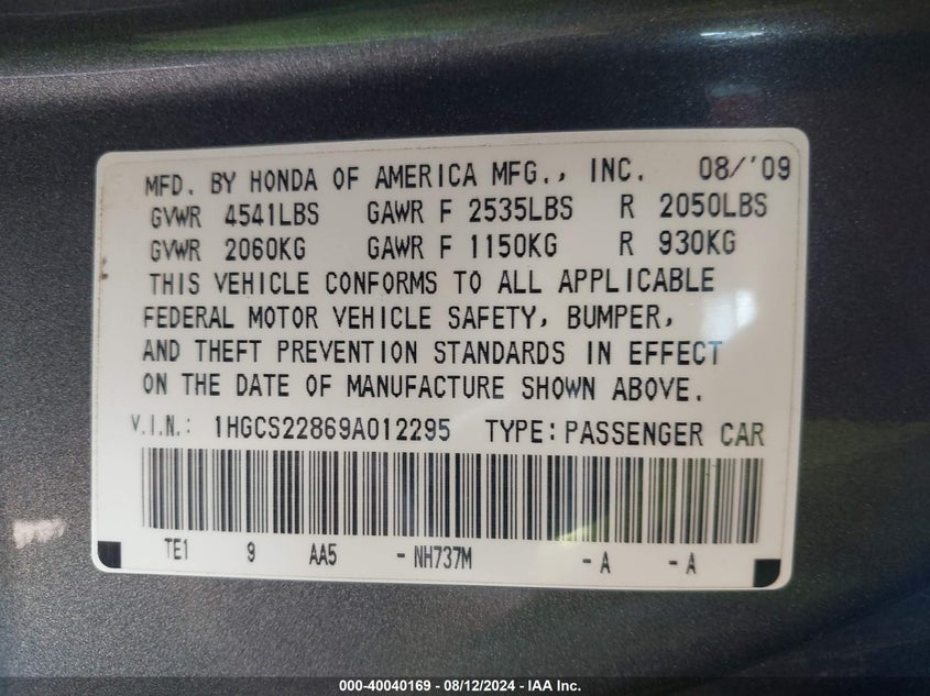 2009 Honda Accord 3.5 Ex-L VIN: 1HGCS22869A012295 Lot: 40040169