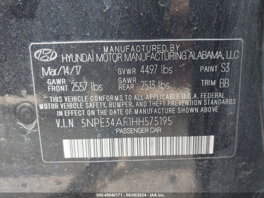 VIN 5NPE34AF1HH575195 2017 HYUNDAI SONATA SPORT
