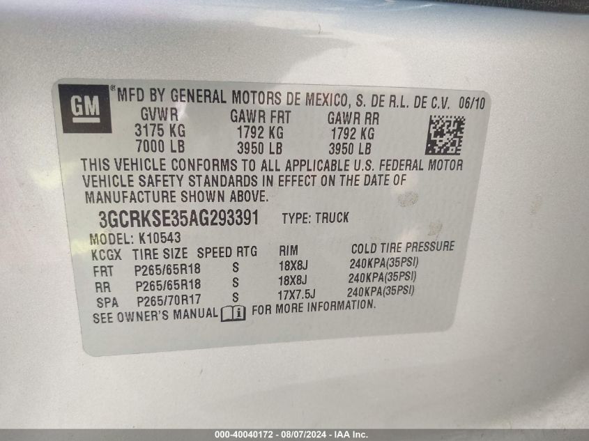 2010 Chevrolet Silverado 1500 Lt VIN: 3GCRKSE35AG293391 Lot: 40040172
