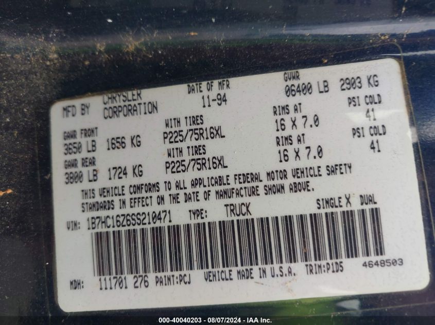 1995 Dodge Ram 1500 VIN: 1B7HC16Z6SS210471 Lot: 40040203