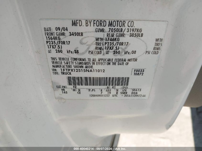 2005 Ford F-150 Lariat/Xl/Xlt VIN: 1FTPX12515NA11012 Lot: 40040214