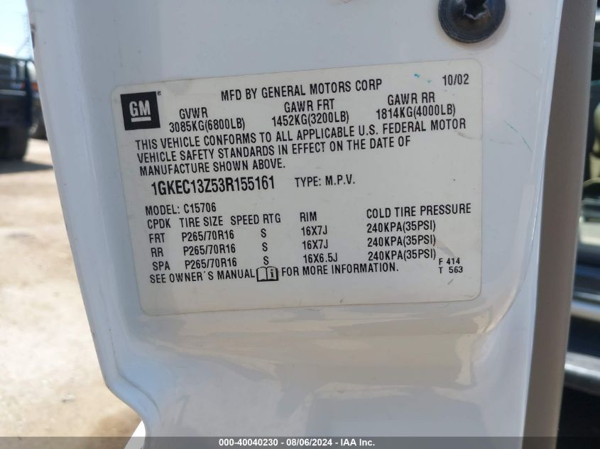 2003 GMC Yukon VIN: 1GKEC13Z53R155161 Lot: 40040230