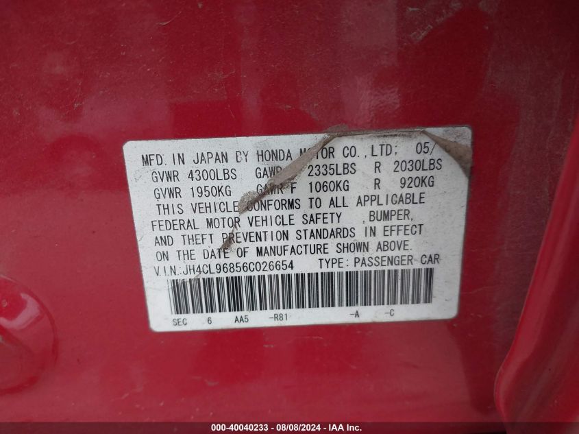 2006 Acura Tsx VIN: JH4CL96856C026654 Lot: 40040233