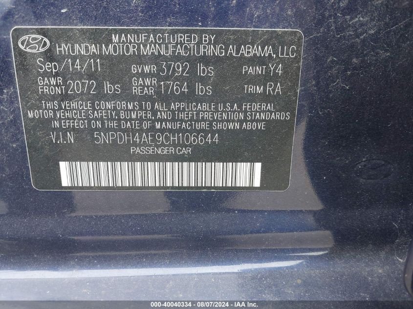 2012 Hyundai Elantra Limited VIN: 5NPDH4AE9CH106644 Lot: 40040334