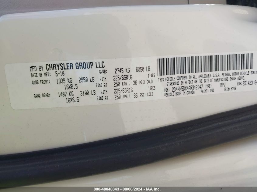 2010 Dodge Grand Caravan Sxt VIN: 2D4RN5DX4AR342347 Lot: 40040343