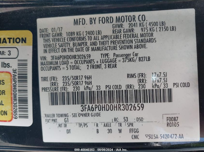 2017 FORD FUSION SE - 3FA6P0HD0HR302659