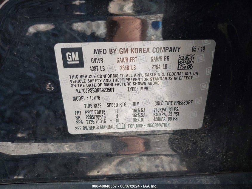 2019 CHEVROLET TRAX 1LT - KL7CJPSB3KB923501