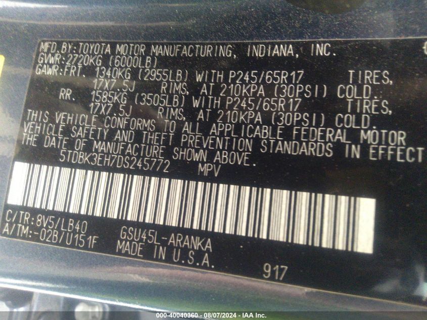 2013 Toyota Highlander Se V6 VIN: 5TDBK3EH7DS245772 Lot: 40040360