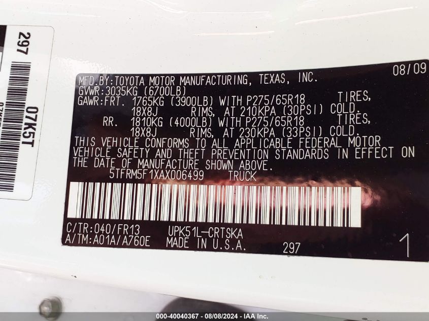 5TFRM5F1XAX006499 2010 Toyota Tundra Grade 4.6L V8