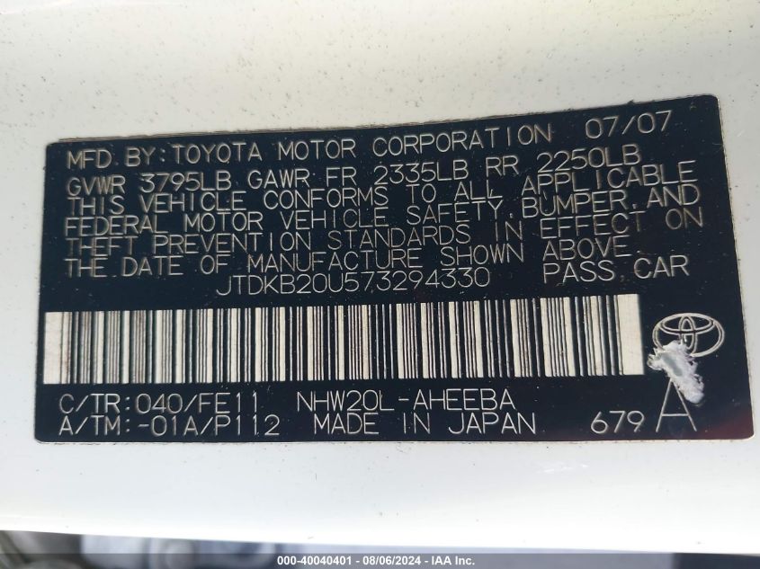 2007 Toyota Prius VIN: JTDKB20U573294330 Lot: 40040401