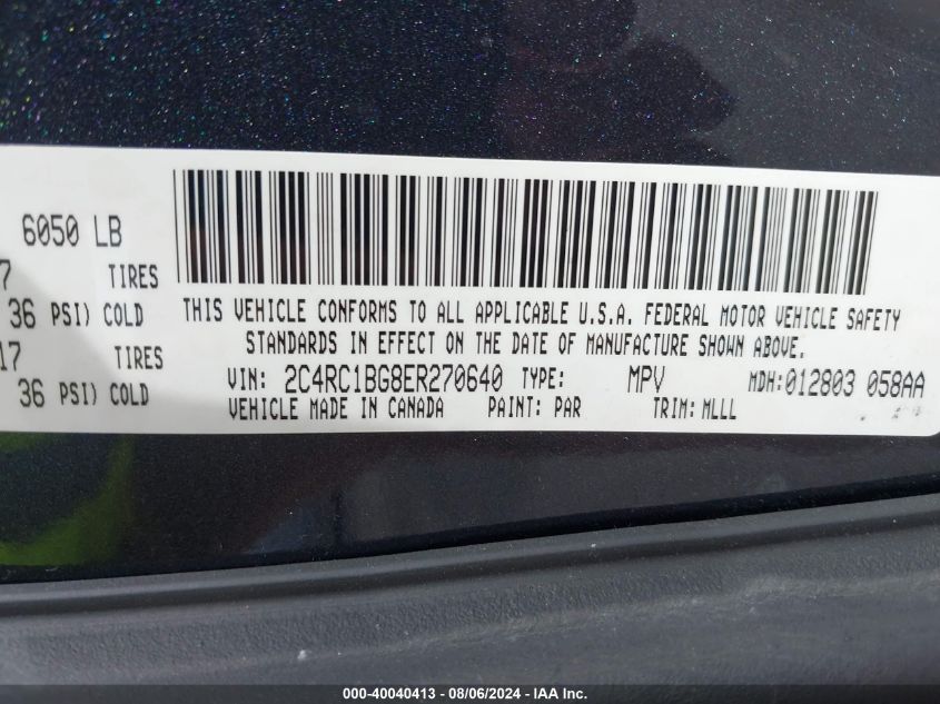 2014 Chrysler Town & Country Touring VIN: 2C4RC1BG8ER270640 Lot: 40040413