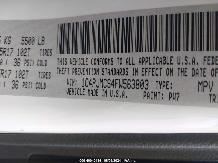 2015 Jeep Cherokee Latitude VIN: 1C4PJMCS4FW563803 Lot: 40040434