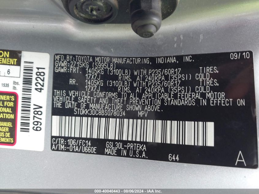 2011 Toyota Sienna Le V6 VIN: 5TDKK3DC8BS078034 Lot: 40040443