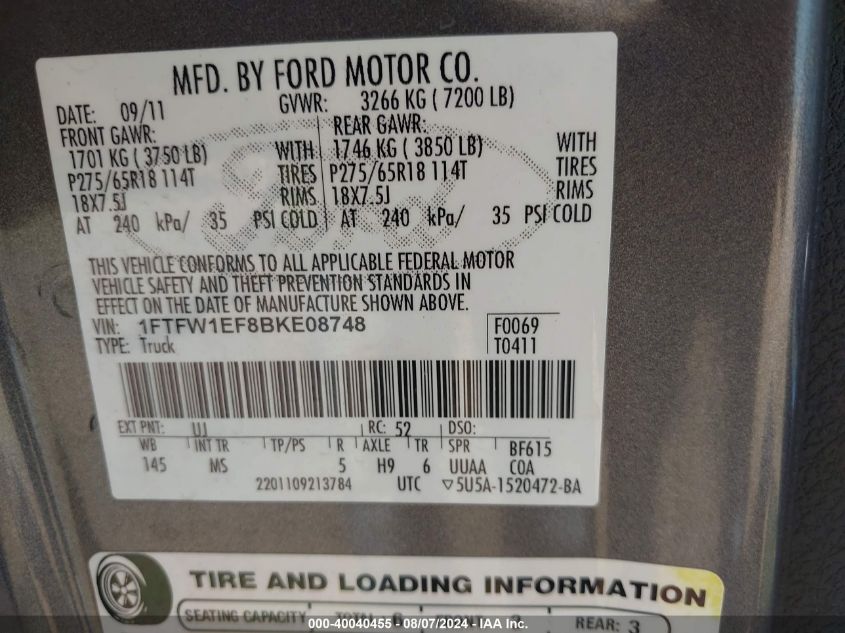 2011 Ford F-150 Xlt VIN: 1FTFW1EF8BKE08748 Lot: 40040455