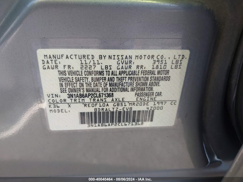 2012 Nissan Sentra 2.0 S VIN: 3N1AB6AP2CL671368 Lot: 40040464