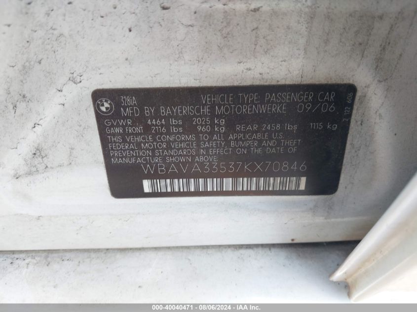 2007 BMW 328 I VIN: WBAVA33537KX70846 Lot: 40040471