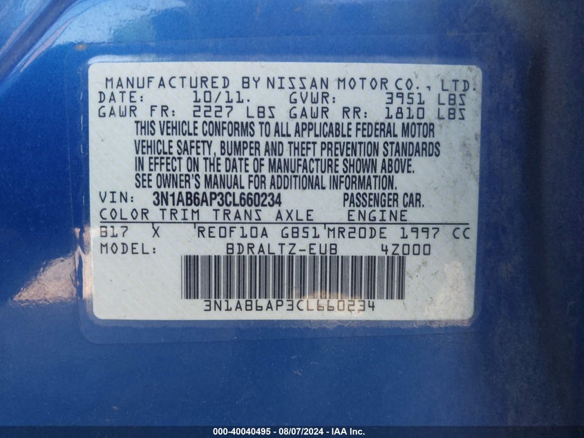 2012 Nissan Sentra 2.0 Sr VIN: 3N1AB6AP3CL660234 Lot: 40040495