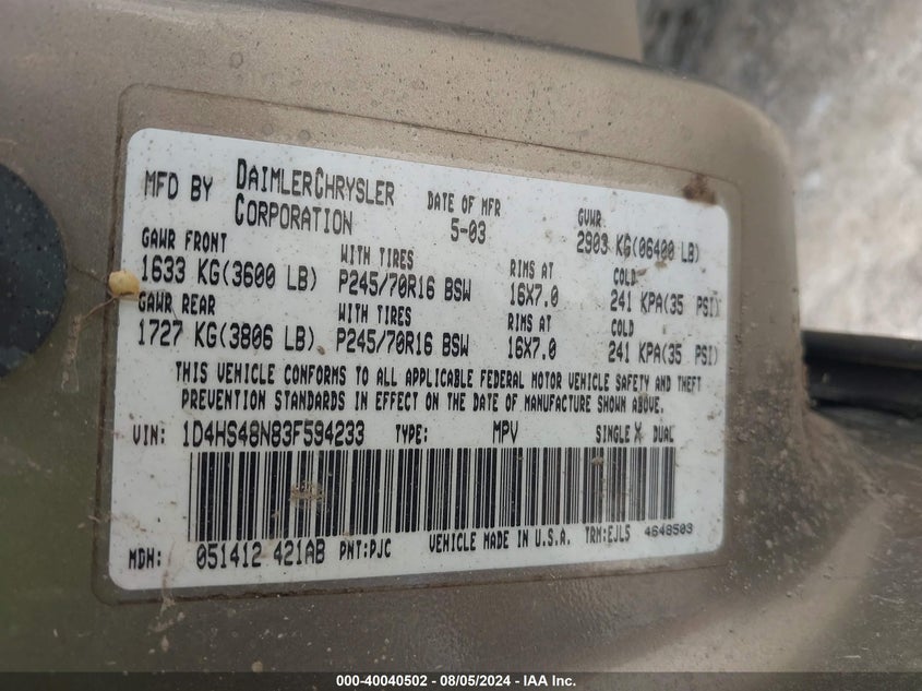 2003 Dodge Durango Slt VIN: 1D4HS48N83F594233 Lot: 40040502