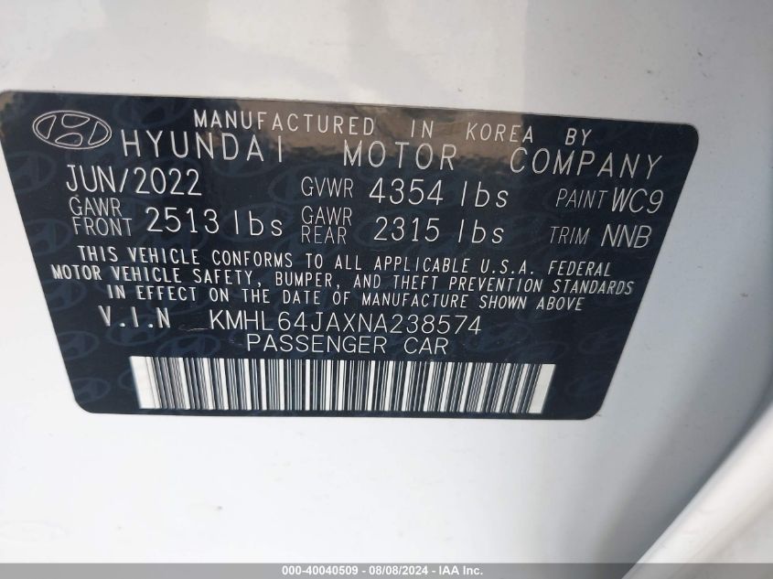 KMHL64JAXNA238574 2022 Hyundai Sonata Sel