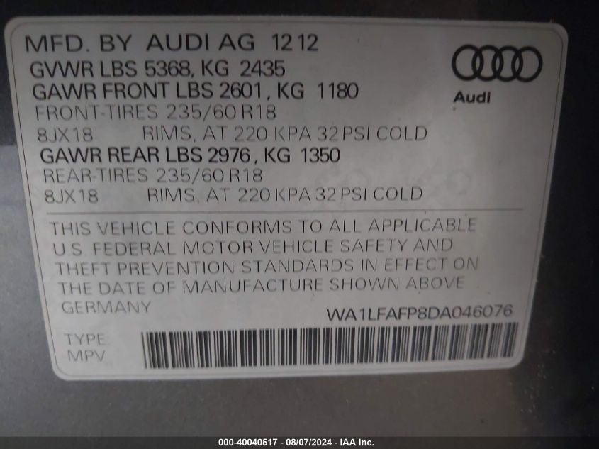 2013 Audi Q5 2.0T Premium VIN: WA1LFAFP8DA046076 Lot: 40040517