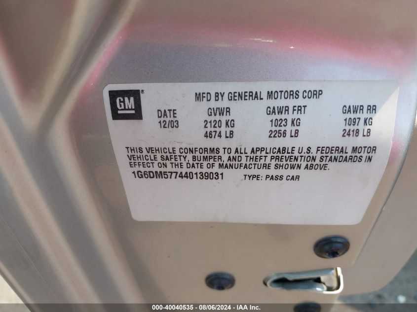 2004 Cadillac Cts Standard VIN: 1G6DM577440139031 Lot: 40040535