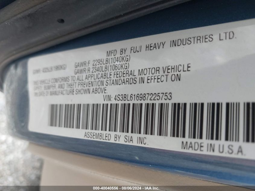 2008 Subaru Legacy 2.5I VIN: 4S3BL616987225753 Lot: 40040556