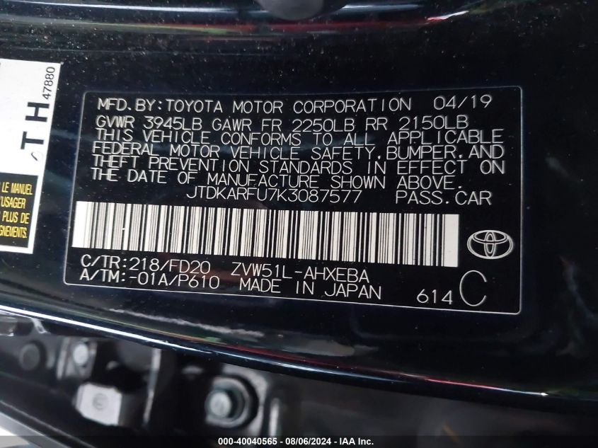 2019 Toyota Prius Le VIN: JTDKARFU7K3087577 Lot: 40040565