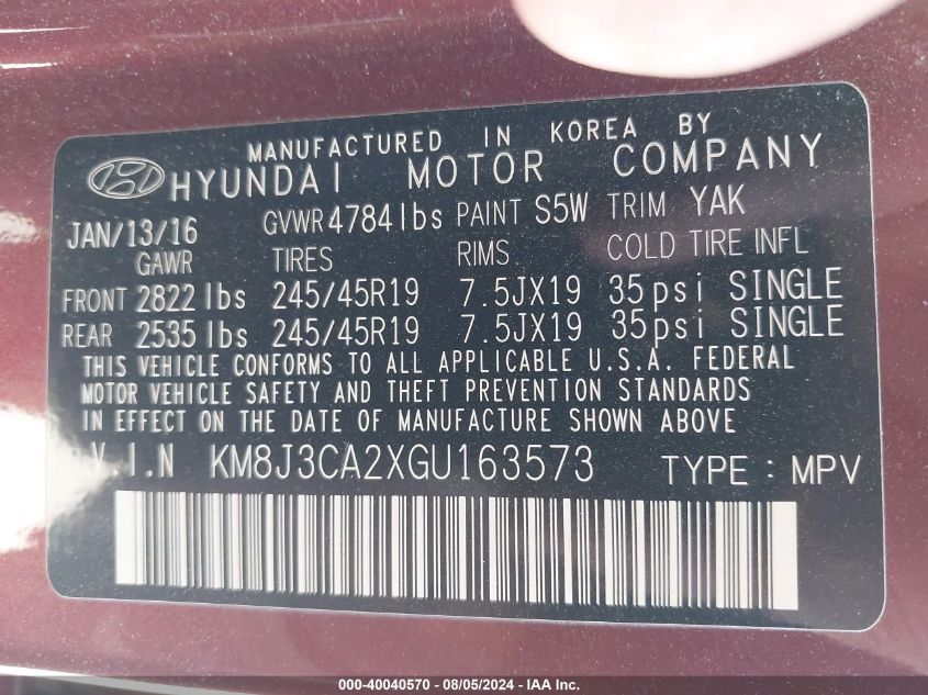 2016 Hyundai Tucson Limited VIN: KM8J3CA2XGU163573 Lot: 40040570