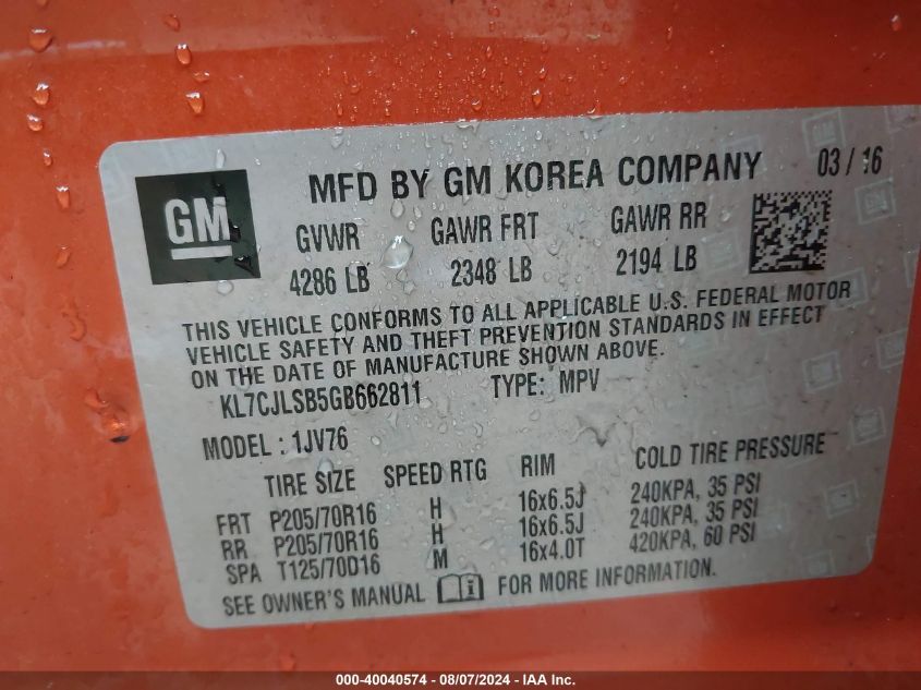 2016 Chevrolet Trax Lt VIN: KL7CJLSB5GB662811 Lot: 40040574