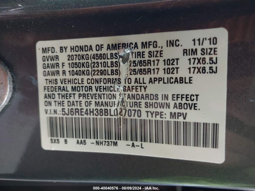 2011 Honda Cr-V Lx VIN: 5J6RE4H38BL027070 Lot: 40040576