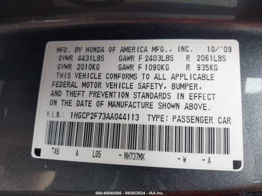2010 Honda Accord 2.4 Ex VIN: 1HGCP2F73AA044113 Lot: 40040586