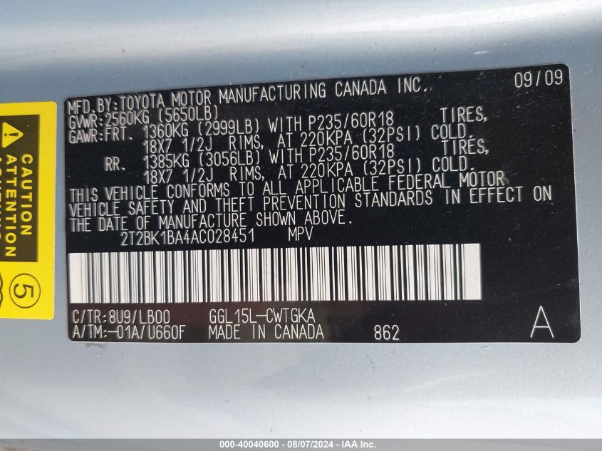 2010 Lexus Rx 350 VIN: 2T2BK1BA4AC028451 Lot: 40040600