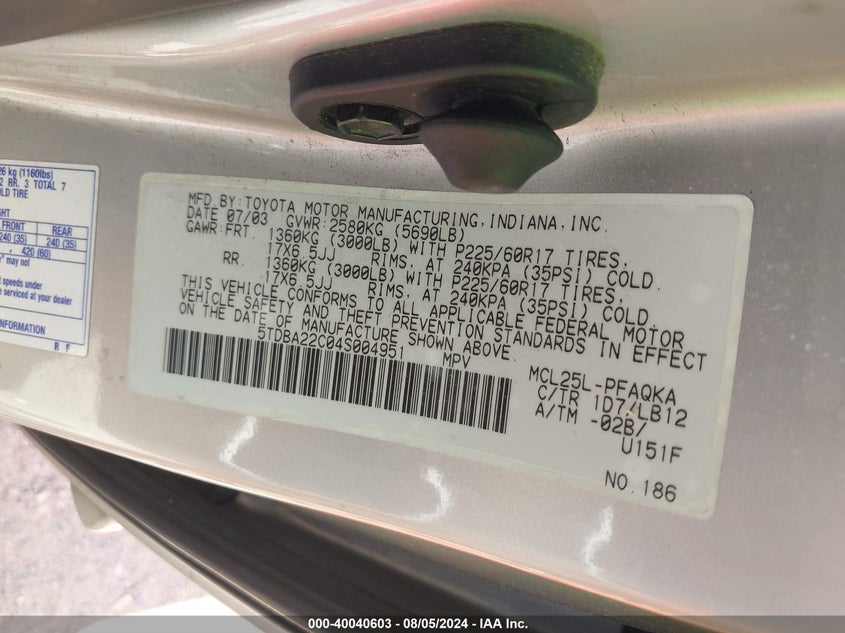 2004 Toyota Sienna Xle VIN: 5TDBA22C04S004951 Lot: 40040603