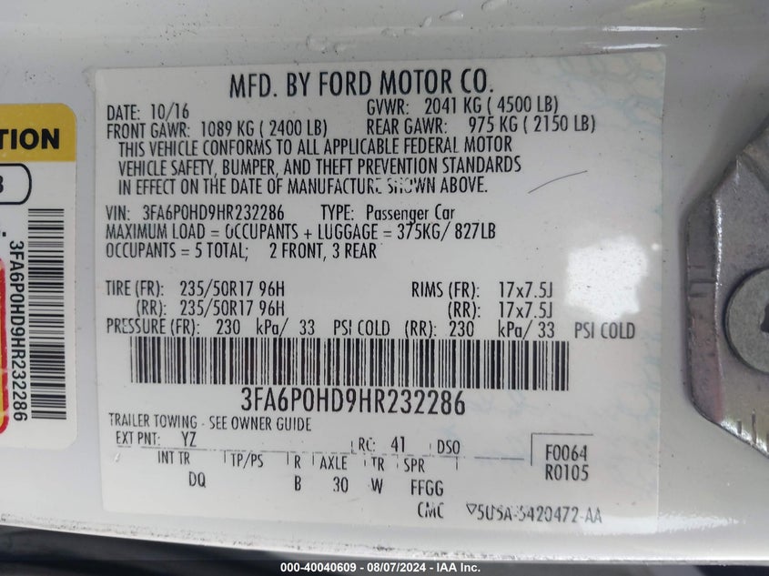 2017 Ford Fusion Se VIN: 3FA6P0HD9HR232286 Lot: 40040609