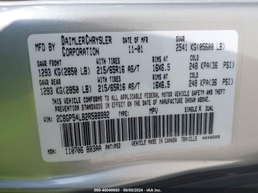 2002 Chrysler Town & Country Lxi VIN: 2C8GP54L82R588992 Lot: 40040650