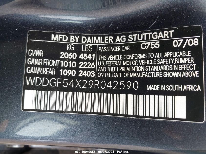 2009 Mercedes-Benz C 300 Luxury/Sport VIN: WDDGF54X29R042590 Lot: 40040655