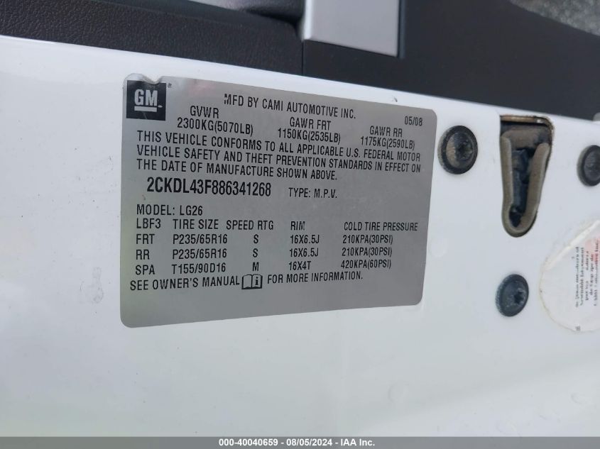 2008 Pontiac Torrent VIN: 2CKDL43F886341268 Lot: 40040659