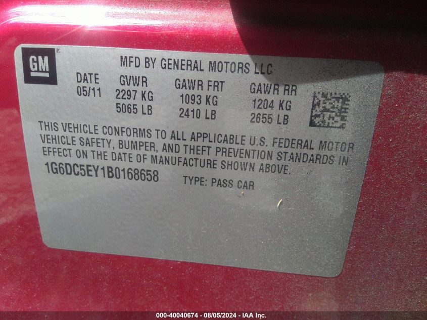 2011 Cadillac Cts Standard VIN: 1G6DC5EY1B0168658 Lot: 40040674
