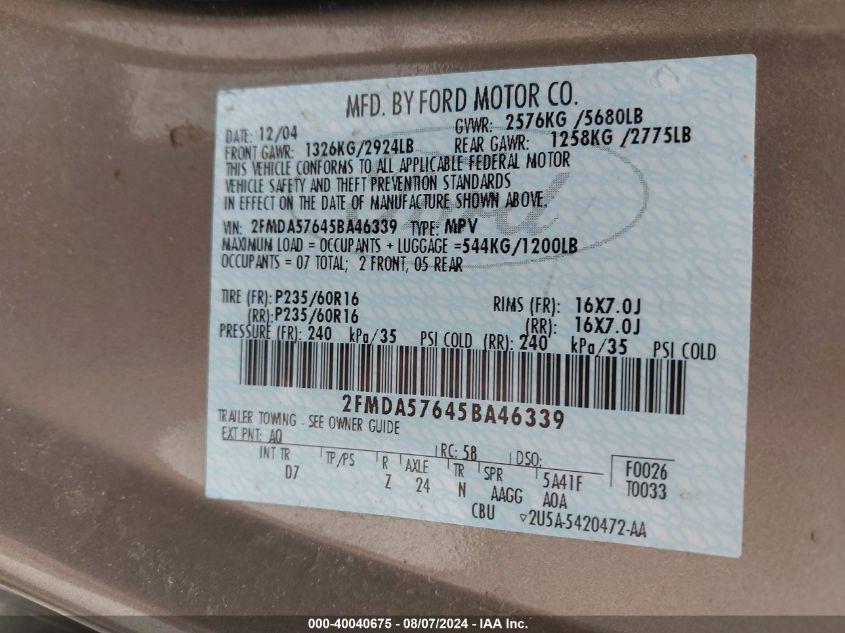 2005 Ford Freestar Ses VIN: 2FMDA57645BA46339 Lot: 40040675