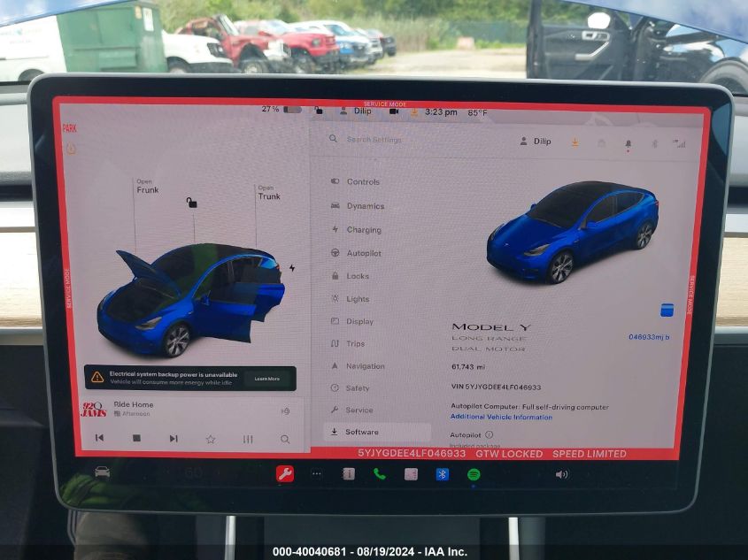 2020 Tesla Model Y Long Range Dual Motor All-Wheel Drive VIN: 5YJYGDEE4LF046933 Lot: 40040681