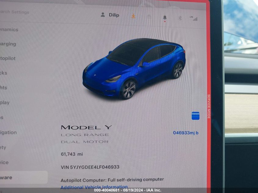 2020 Tesla Model Y Long Range Dual Motor All-Wheel Drive VIN: 5YJYGDEE4LF046933 Lot: 40040681