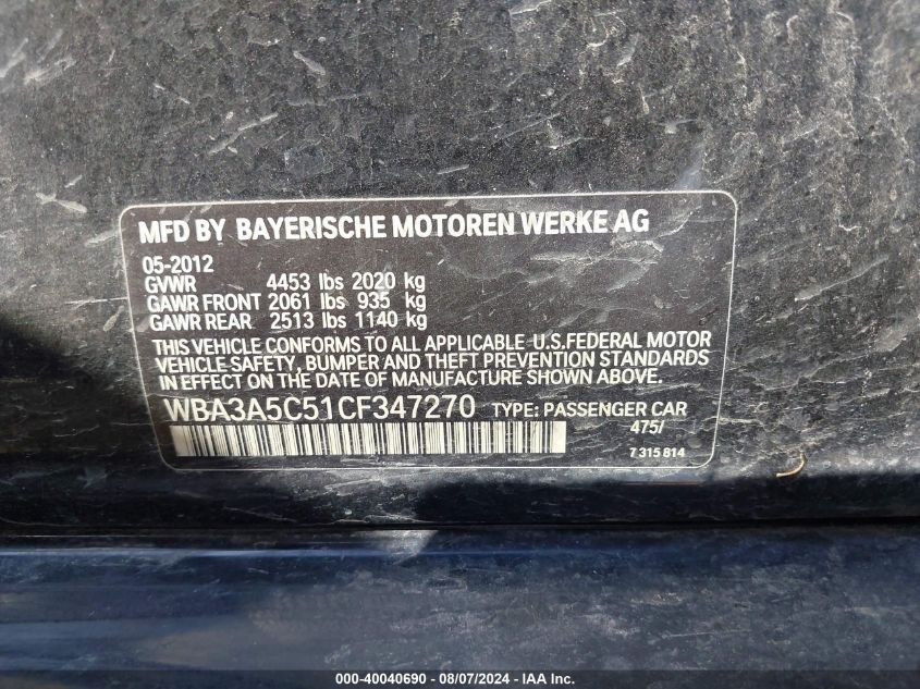 2012 BMW 328I VIN: WBA3A5C51CF347270 Lot: 40040690