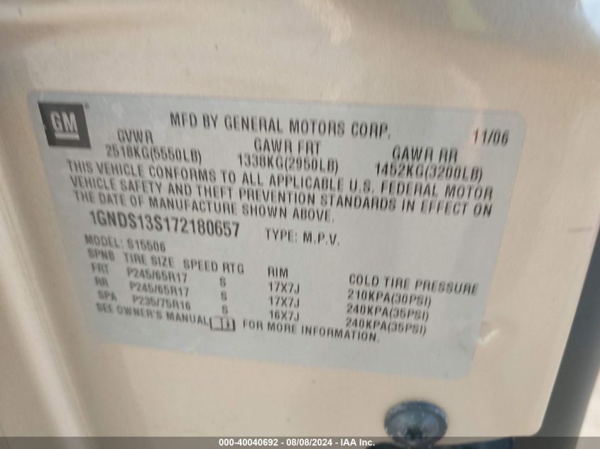 2007 Chevrolet Trailblazer Ls VIN: 1GNDS13S172180657 Lot: 40040692