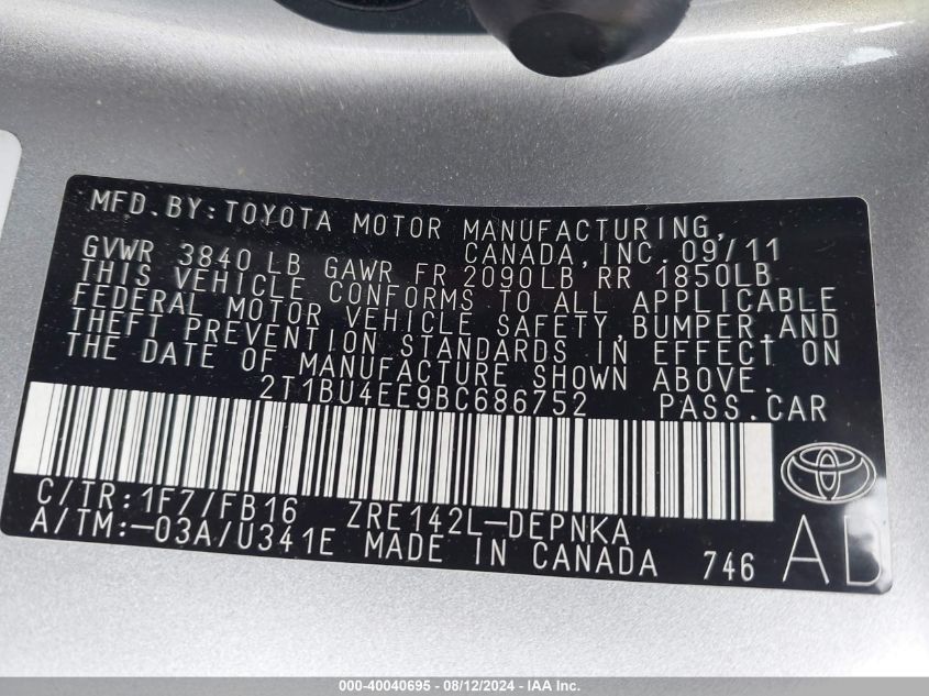 2011 Toyota Corolla Le VIN: 2T1BU4EE9BC686752 Lot: 40040695