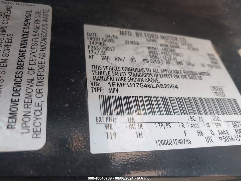 2006 Ford Expedition Eddie Bauer/King Ranch VIN: 1FMFU17546LA82064 Lot: 40040709