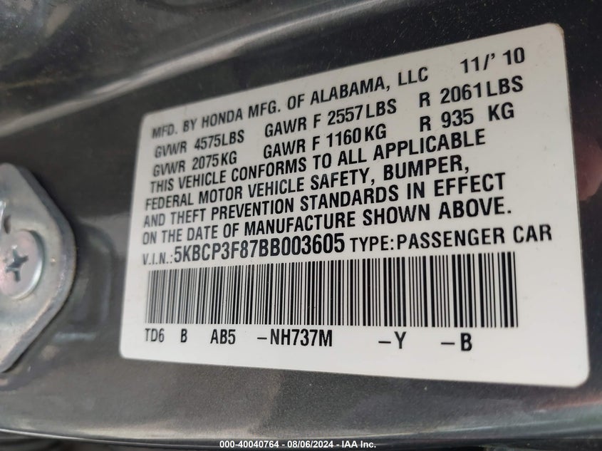 2011 Honda Accord 3.5 Ex-L VIN: 5KBCP3F87BB003605 Lot: 40040764