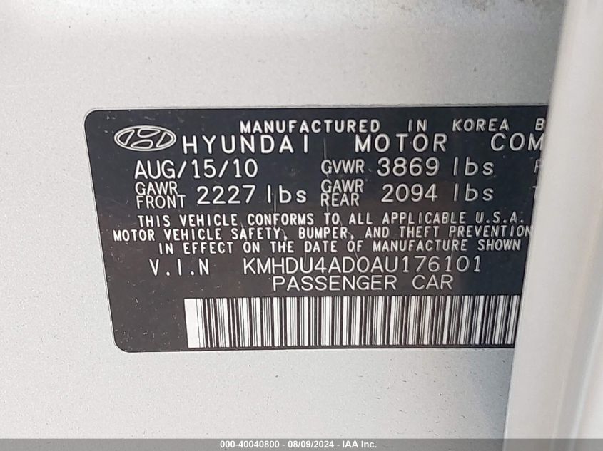 2010 Hyundai Elantra Gls VIN: KMHDU4AD0AU176101 Lot: 40040800