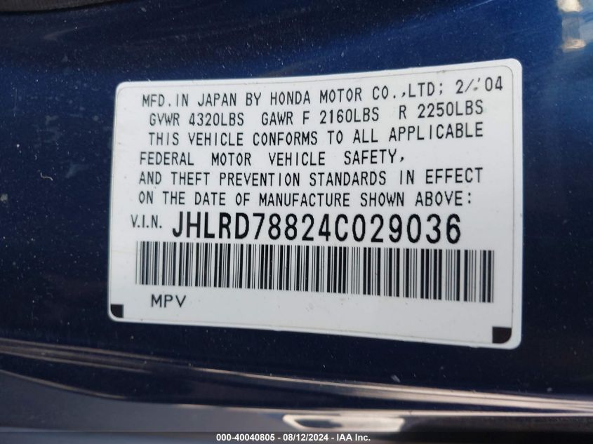 2004 Honda Cr-V Ex VIN: JHLRD78824C029036 Lot: 40040805