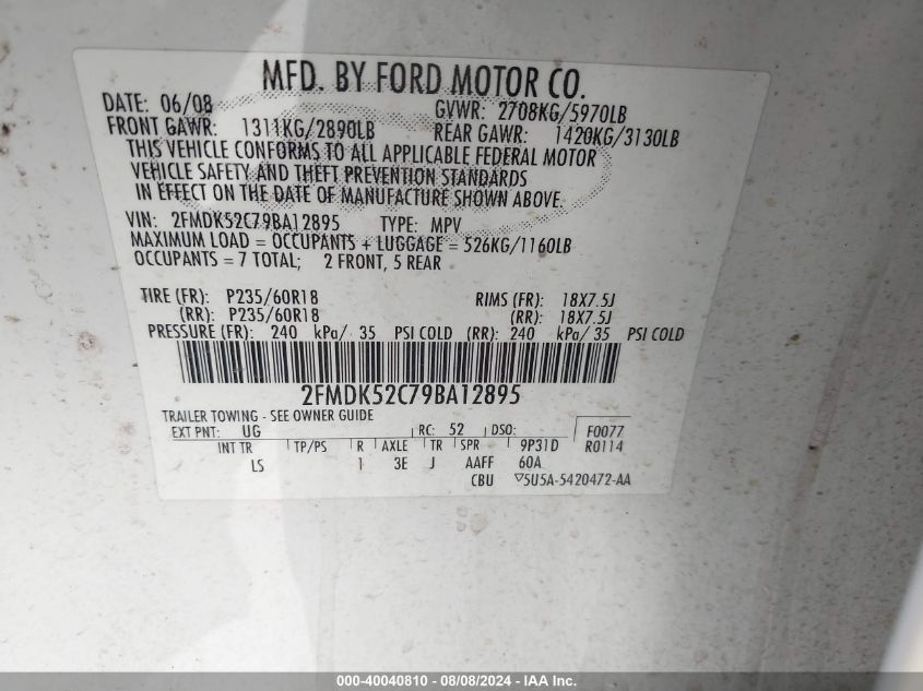 2009 Ford Flex Sel VIN: 2FMDK52C79BA12895 Lot: 40040810