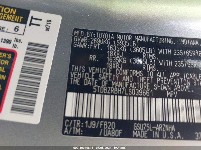 2020 Toyota Highlander Le VIN: 5TDBZRBH7LS039661 Lot: 40040815